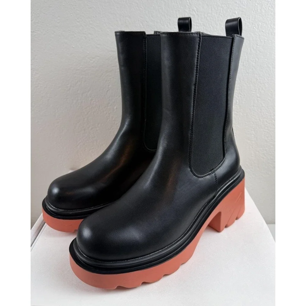 Vivianly Black Chelsea Boot Lug Sole Platform Chunky Heel Slip On Boot Sz 38/7.5